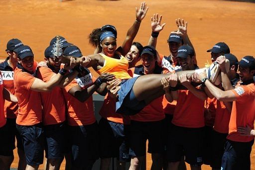 US player Serena Williams celebrates after winning the Madrid Open on May 12, 2013