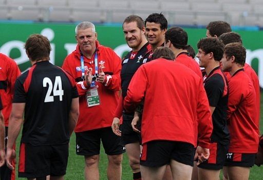 Wales&#039; coach Warren Gatland and team at Eden Park in Auckland on October 14, 2011.