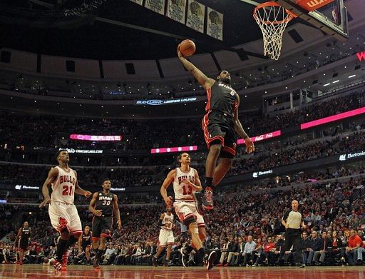 LeBron James of the Miami Heat goes up for a dunk during the game against the Chicago Bulls on May 13, 2013