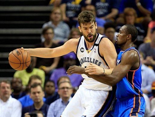 Marc Gasol (L) of the Memphis Grizzlies is pictured during their game against the Oklahome City Thunder on May 13, 2013