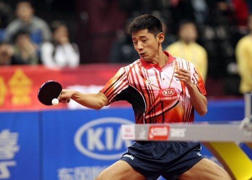 China&#039;s Zhang Jike during the Asia-Europe all-stars series table tennis in Qingdao, China on March 17, 2013