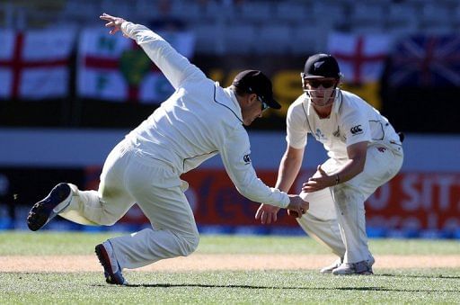 Brendon McCullum (L) and Hamish Rutherford are pictured during day four of the Test against England on March 25, 2013