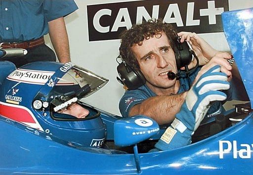 Alain Prost talks to Prost-Mugen-Honda driver Olivier Panis at Nurburgring on September 28, 1997
