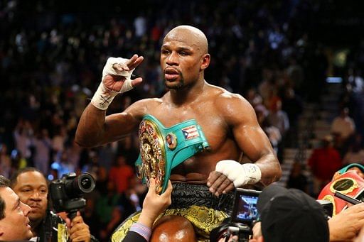 Floyd Mayweather Jr. celebrates at the MGM Grand Garden Arena on May 4, 2013 in Las Vegas, Nevada