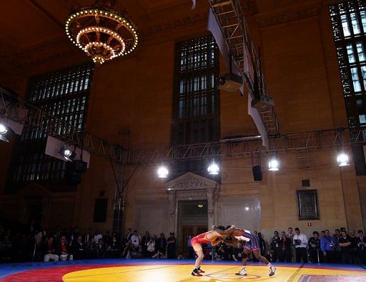 Hassan Rahimi of Iran and Obe Blanc of the USA battle during the Rumble on the Rails Wrestling, May 15, 2013 in New York