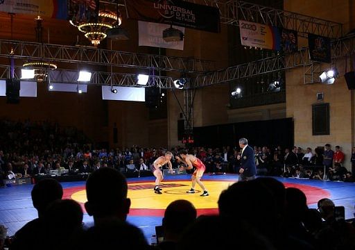 American Kyle Dake and Iran&#039;s Hassan Tahmasebi battle during the Rumble on the Rails Wrestling. May 15, 2013 in New York