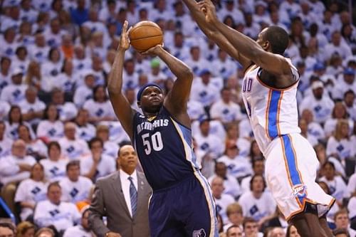 Zach Randolph of the Memphis Grizzlies takes a shot as Oklahoma City Thunder's Serge Ibaka defends on May 15, 2013