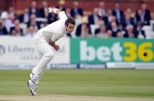 New Zealand&#039;s Tim Southee bowls during the opening day of the first Test against England at Lord&#039;s on May 16, 2013