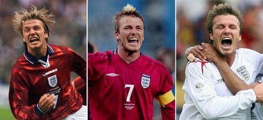David Beckham celebrates scoring (from L) against Colombia in 1998, against Argentina in 2002, and Ecuador in 2006