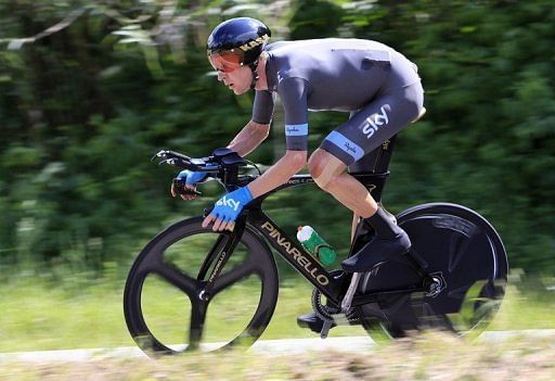 Bradley Wiggins rides on the eighth stage of the Giro d&#039;Italia time trial from Gabicce Mare to Saltara on May 11, 2013