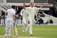 Tim Southee (R) celebrates taking the wicket of Matt Prior (L) at Lord's on May 17, 2013