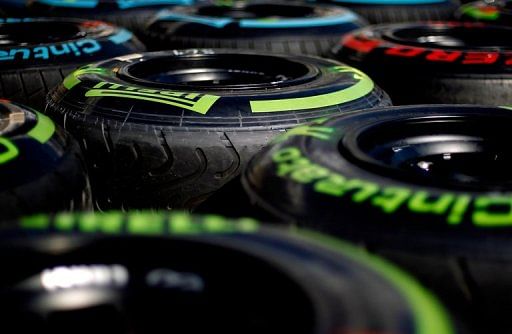 Pirelli tyres are seen in the pit lane on June 10, 2012 in Montreal, Canada