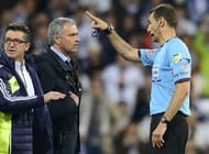 Real Madrid's coach Jose Mourinho (2nd L) argues with referee Clos Gomez (R) before being sent off on May 17, 2013