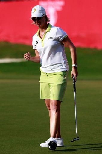 Karrie Webb of Australia reacts after she birdies the 18th hole, during round two, in Mobile, Alabama, on May 17, 2013