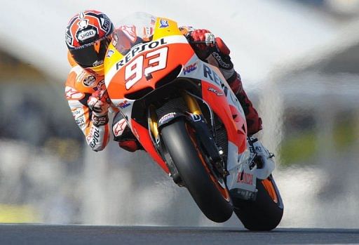 Spain&#039;s Marc Marquez drives his Honda during a free practice session at Le Mans&#039; circuit, western France on May 18, 2013
