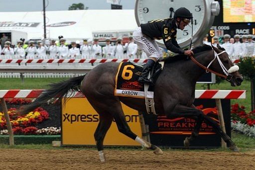 Oxbow, ridden by Gary Stevens, crosses the finish line to win the 138th running of the Preakness Stakes, on May 18, 2013