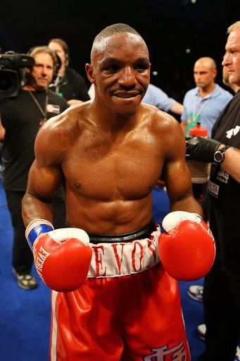 Devon Alexander celebrates a seventh round TKO of Lee Purdy May 18, 2013 in Atlantic City