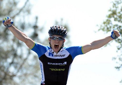Leopold Koenig of the Czech Republic celebrates his first place finish at the Tour of California on May 18, 2013