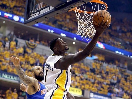 Lance Stephenson of the Indiana Pacers shoots the ball against the New York Knicks on May 18, 2013 in Indianapolis
