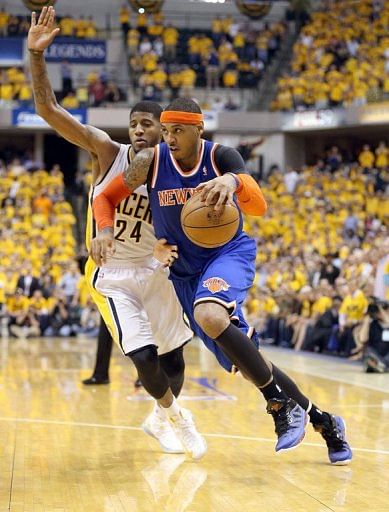 Carmelo Anthony of the New York Knicks dribbles the ball against the Indiana Pacers on May 18, 2013 in Indianapolis