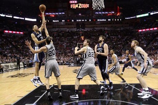 Tayshaun Prince of the Memphis Grizzlies attempts a shot against Manu Ginobili of the San Antonio Spurs on May 19, 2013