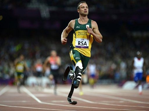 Oscar Pistorius wins the men&#039;s 4x100 metres relay T42-46 final at the Olympic Stadium in east London, September 5, 2012