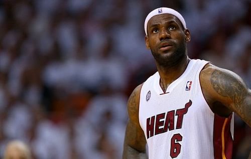 LeBron James of the Miami Heat looks on against the Chicago Bulls at American Airlines Arena on May 15, 2013 in Miami