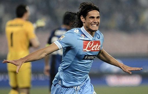 Napoli&#039;s Edinson Cavani celebrates after scoring against Inter Milan at San Paolo Stadium in Naples on May 5, 2013