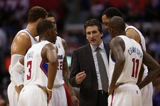 Vinny Del Negro talks to Los Angeles Clippers players during a game against the Indiana Pacers in LA on April 1, 2013