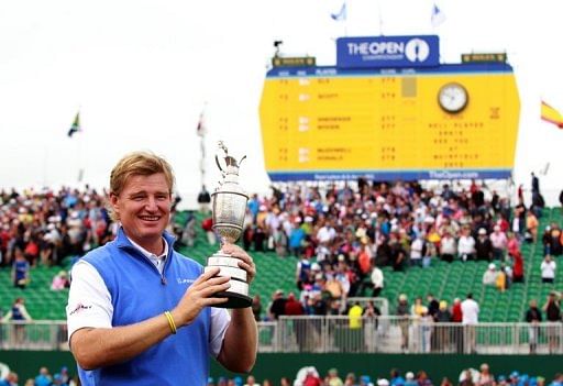 Ernie Els holds the Claret Jug after winning the 2012 British Open Golf Championship at Royal Lytham and St Annes.
