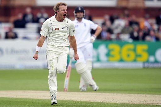 Neil Wagner celebrates taking a wicket in the first Test between England and New Zealand at Lord&#039;s on May 18, 2013