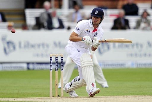 Alastair Cook bats during the first Test between England and New Zealand at Lord&#039;s in London on May 18, 2013