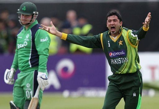 Pakistan&#039;s Junaid Khan (right) disputes an appeal during the one-day match against Ireland in Dublin, on May 23, 2013