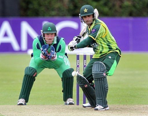 Pakistan&#039;s Mohammad Hafeez prepares to play a shot during the one-day match against Ireland in Dublin on May 23, 2013