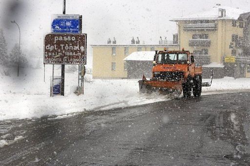 A snowplow works in Passo del Tonale after the cancellation of the 19th stage of the 96th Giro d&#039;Italia