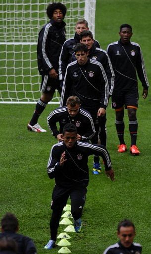 Bayern Munich players attend a training session at Wembley Stadium in London on May 24, 2013
