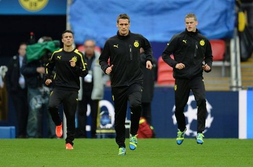 Borussia Dortmund players attend a training session at Wembley Stadium in London on May 24, 2013