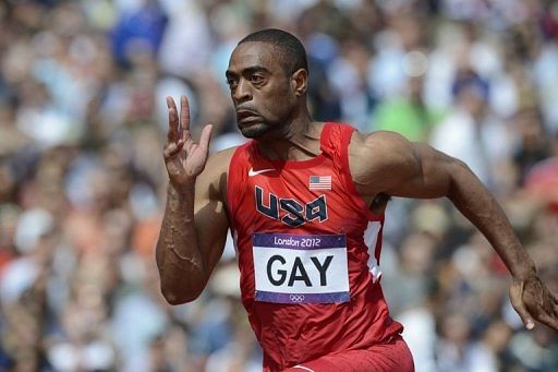 Tyson Gay competes in the 100 m heats during the London Olympic Games, on August 4, 2012