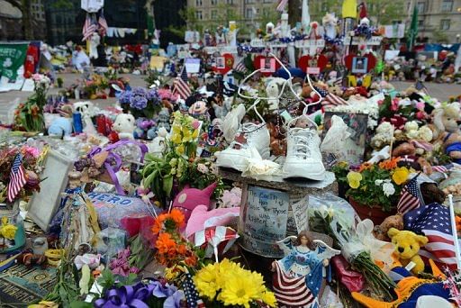 A general view of the memorial for the Boston Marathon bombing victims on May 14, 2013 in Boston, Massachusetts
