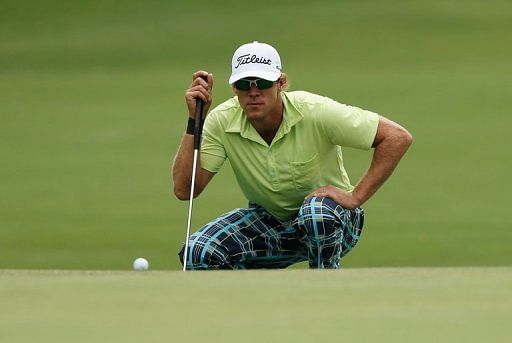Graham DeLaet of Canada lines up a putt during the Crowne Plaza Invitational at Colonial on May 25, 2013 in Fort Worth