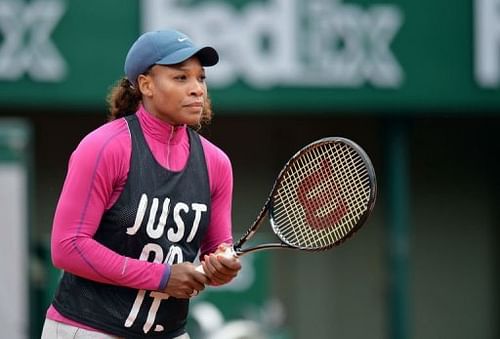 US tennis player Serena Williams takes part in a training session before the French Tennis Open in Paris, May 24, 2013