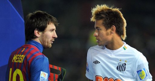 Strikers Lionel Messi (L) and Neymar (R) speak at the FIFA Club World Cup in Yokohama, Japan on December 18, 2011