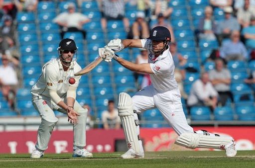 England batsman Alistair Cook plays a shot in Leeds on May 26, 2013