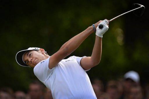 Matteo Manassero drives the ball on the 17th hole on his way to winning at Wentworth on May 26, 2013