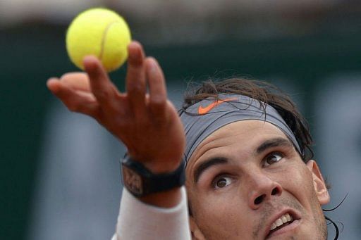 Spain&#039;s Rafael Nadal serves to Germany&#039;s Daniel Brands in Paris, on May 27, 2013