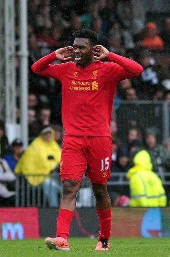 Liverpool forward Daniel Sturridge celebrates after scoring during a Premier League match in London on May 12, 2013
