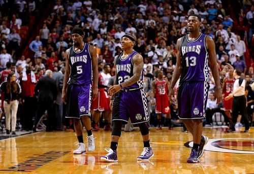 The Sacramento Kings' (L-R) John Salmons, Marcus Thornton and Tyreke Evans are pictured in Miami on February 26, 2013