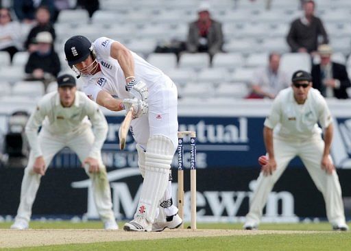 England's Nick Compton plays a shot during the third day of the second Test against New Zealand on May 26, 2013