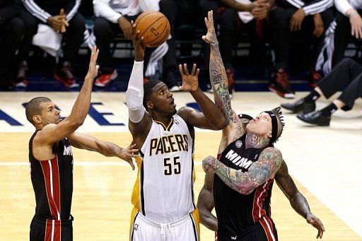The Indiana Pacers&#039; Roy Hibbert attempts a shot during the game against the Miami Heat on May 28, 2013