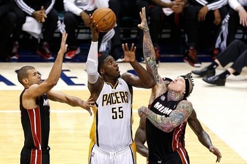 The Indiana Pacers' Roy Hibbert attempts a shot during the game against the Miami Heat on May 28, 2013